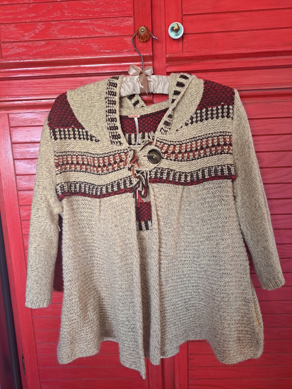 Free People Gretel Lg Wool Fair Isle Hooded Pocketed Cardigan